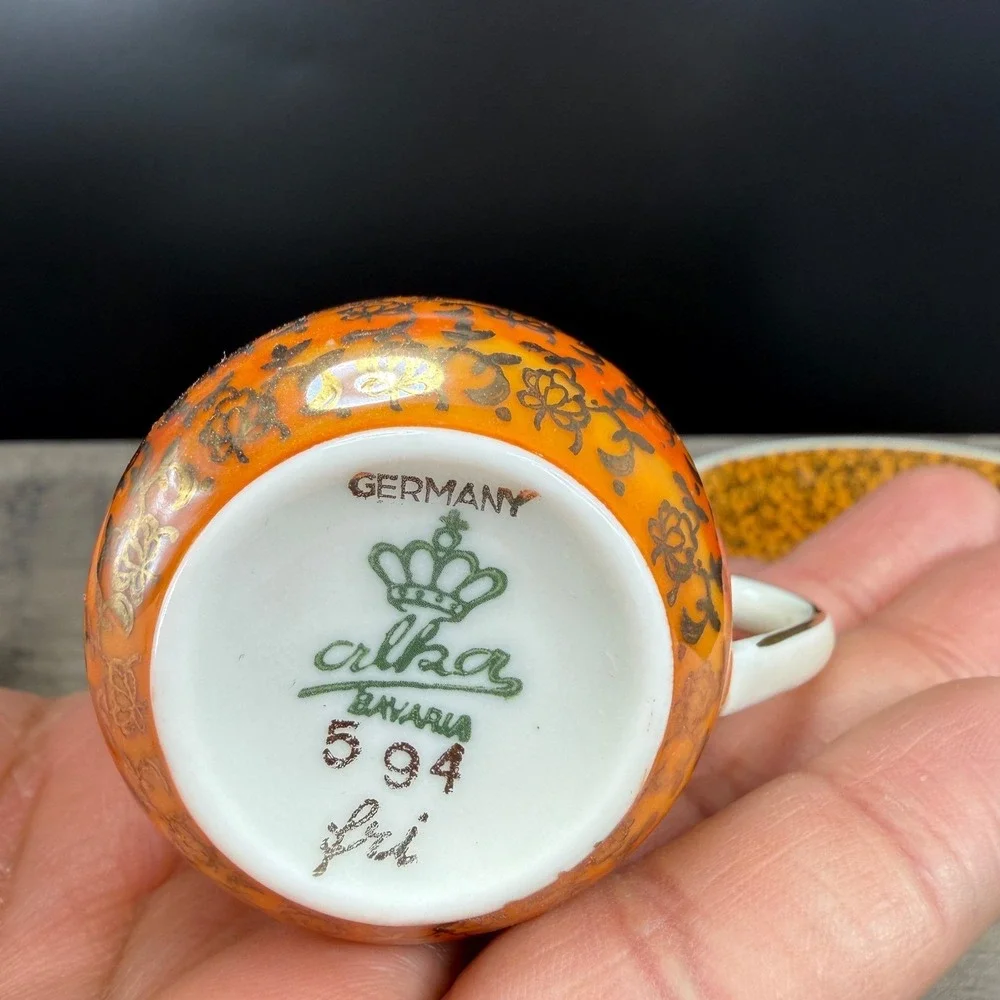 Alka Bavaria Germany Demitasse Cup Saucer‎ Set Orange Luster Gold Filigree VTG